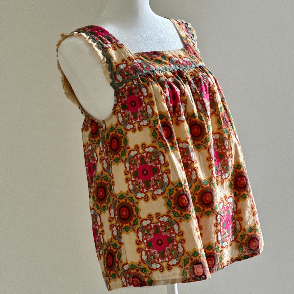 ANTHROPOLOGIE PINK GREEN BABYDOLL TOP WITH BRIC BRAC DETAILING SIZE 4